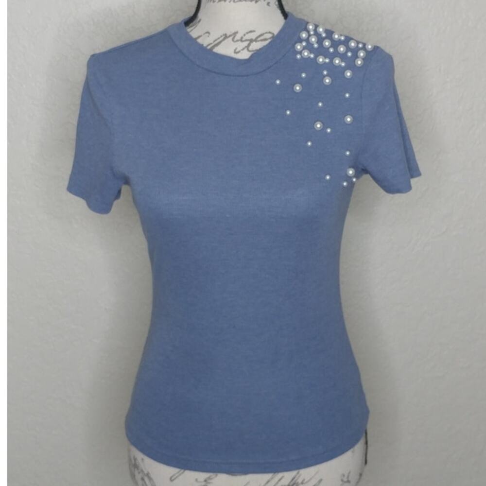 Shein Short Sleeve Beaded Detail Top Blue Sizeâ S/4